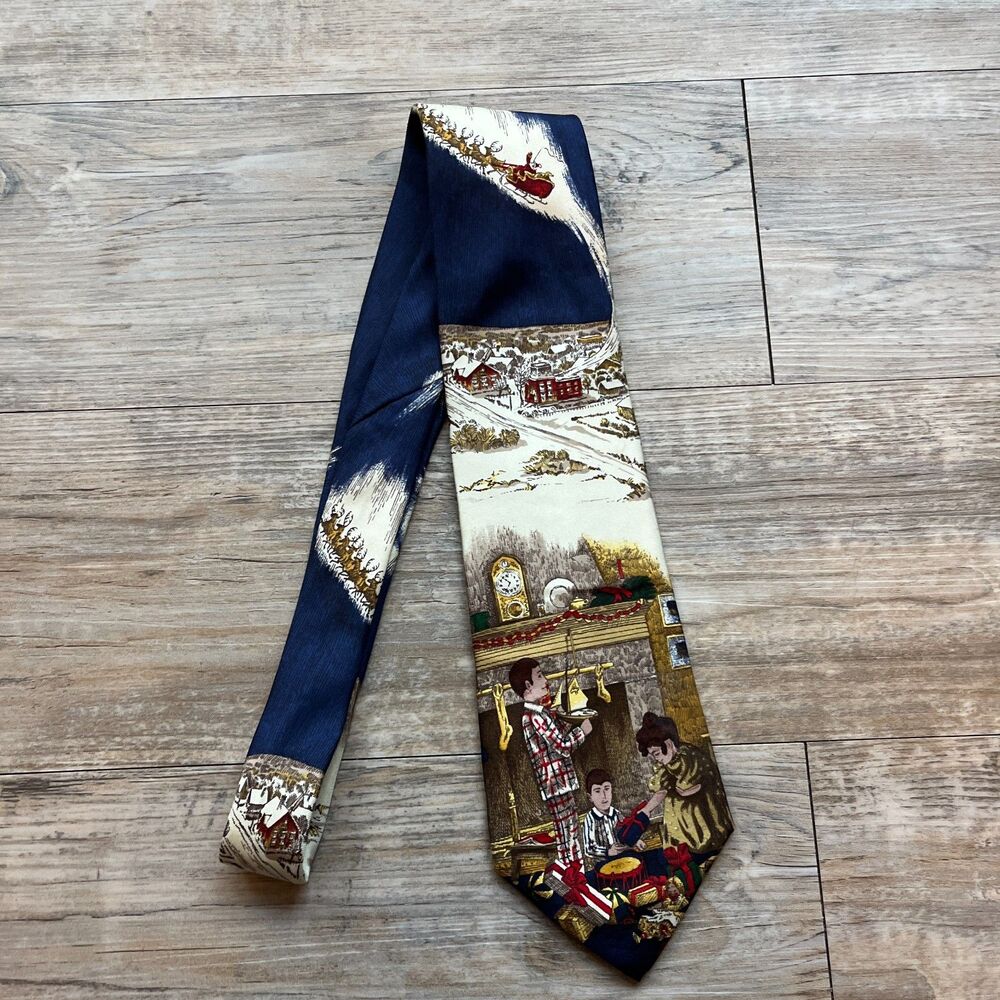 Land's End Vintage Christmas Tie Christmas 1994 Victorian Blue Silk Nostalgic